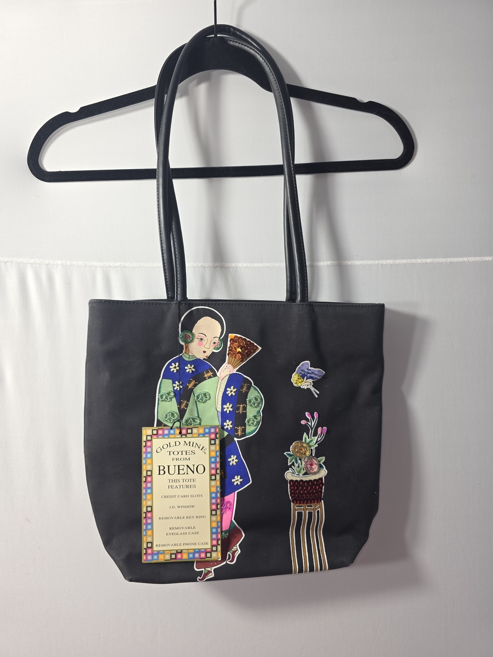 Vintage Bueno Black Fabric Tote Bag with Decorative Asian Motif